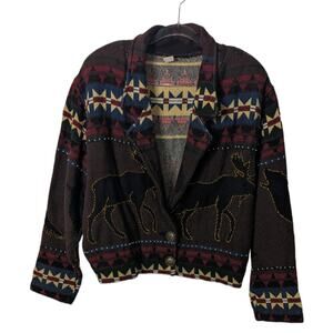 Vintage Painted Pony Moose Bear Coyote Print Cropped Tapestry Jacket Beaded
